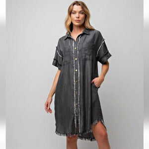 New Easel Black Denim Button Down Jean Shirt Dress